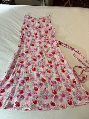 Joules Pink and Red Floral Tie-Waist Midi Dress